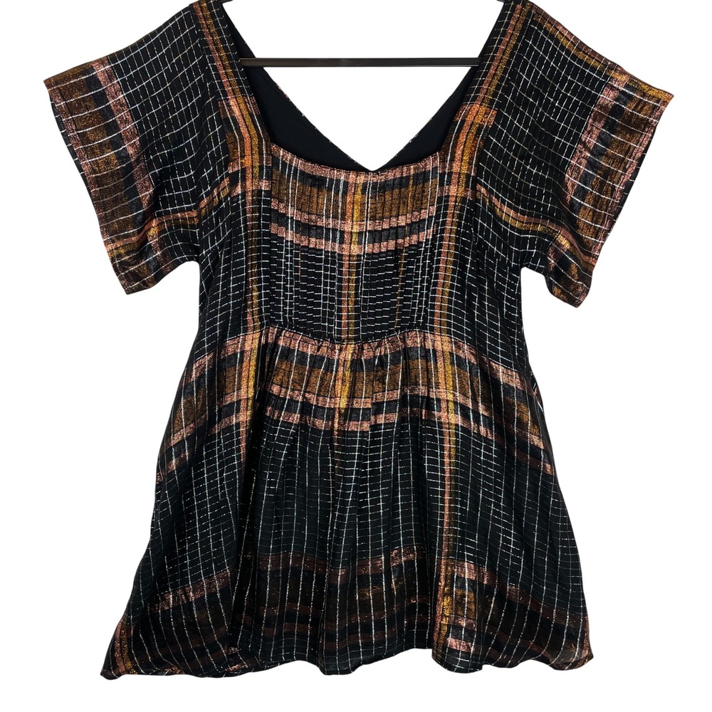 Free People Metallic Plaid Babydoll Tunic Top Black Gold Bronze V-Neck Womens XS